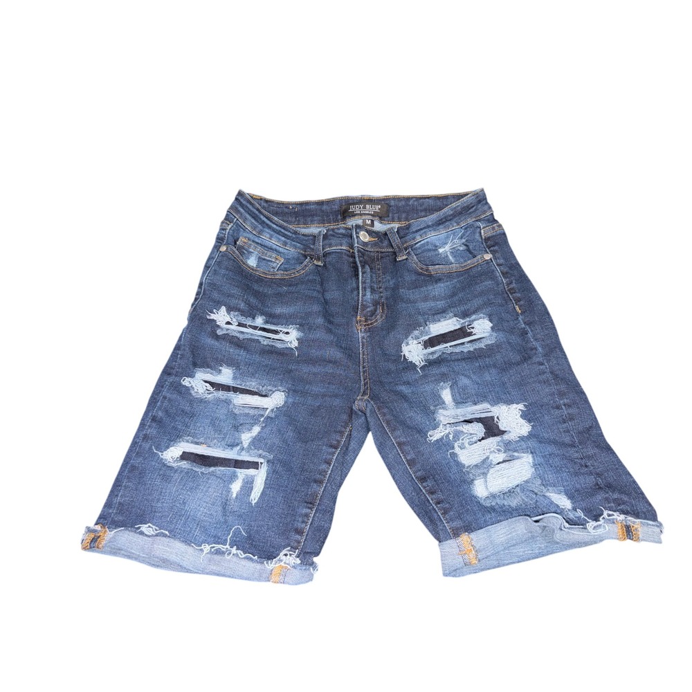 Judy Blue Womens Distressed Cuffed Bermuda Denim Shorts Dark Wash Size M